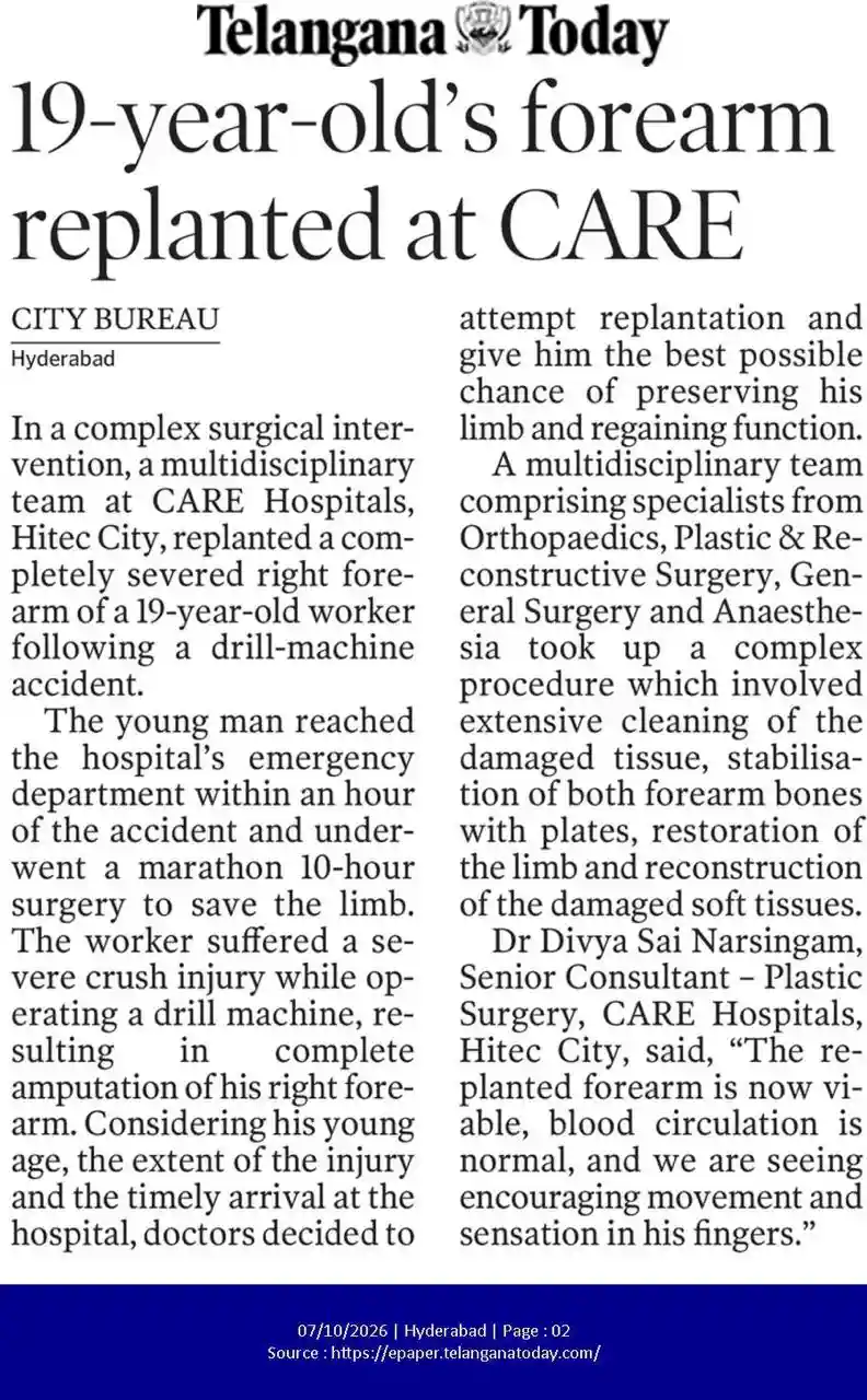 19-Year-Old’s Forearm Replanted at CARE Hospitals News Coverage in Telangana Today
