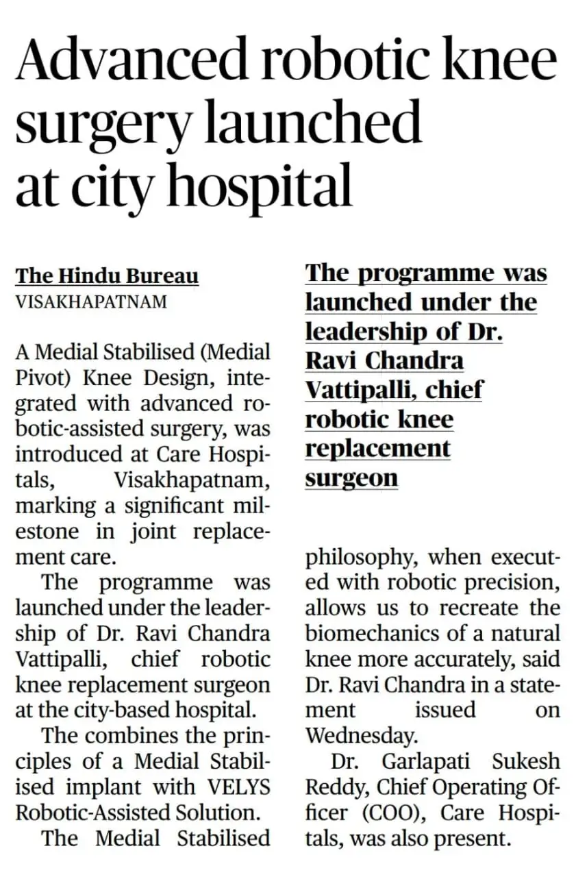 Advanced Robotic Knee Surgery Launched at City Hospital News Coverage in The Hindu
