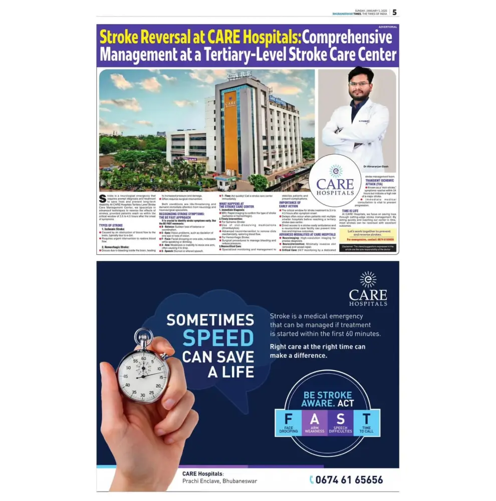 Article on Stroke Reversal by Dr Atmaranjam Dash Consultant Neurologist CARE Hospitals Bhubaneswar in Times of India