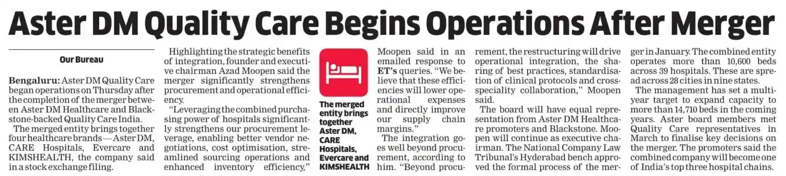 Aster DM Quality Care Begins Operations After Merger News Coverage in The Economic Times