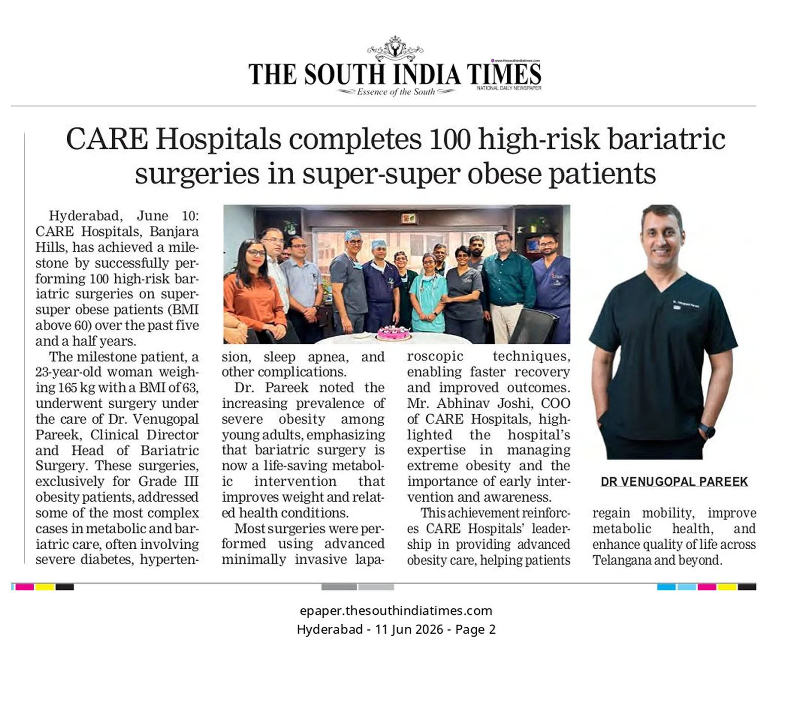 CARE Hospitals Completes 100 High-Risk Bariatric Surgeries in Obese Patients News Coverage in The South India Times