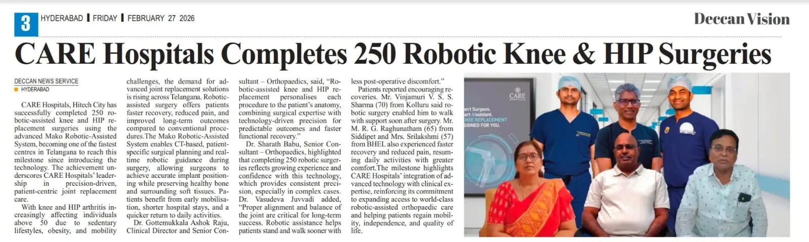 CARE Hospitals Completes 250 Robotic Knee and Hip Surgeries News Coverage in Deccan Vision