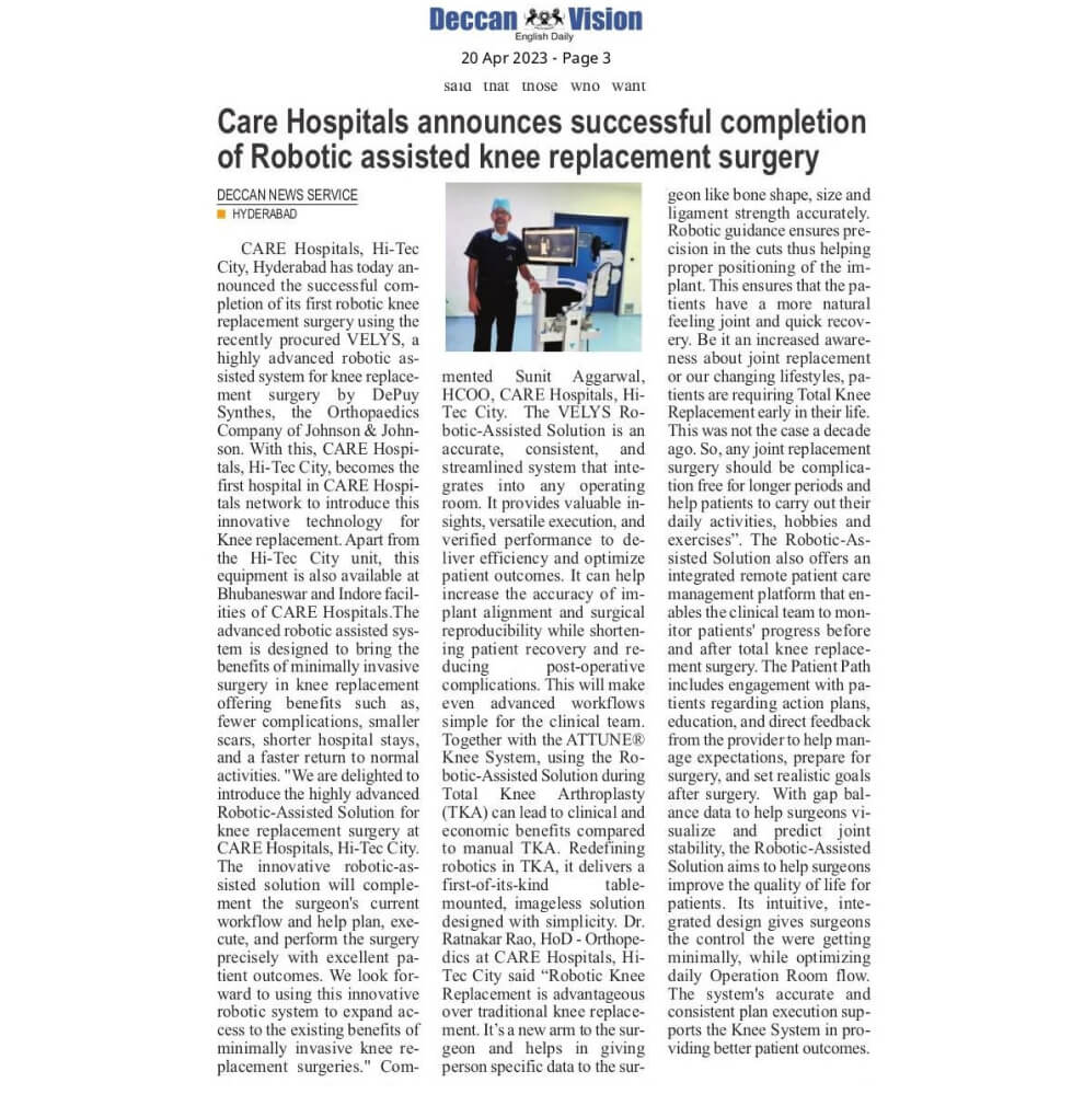CARE Hospitals, Hitec City Performs 1st Ortho Robotic Surgery News Coverage in Deccan Vision