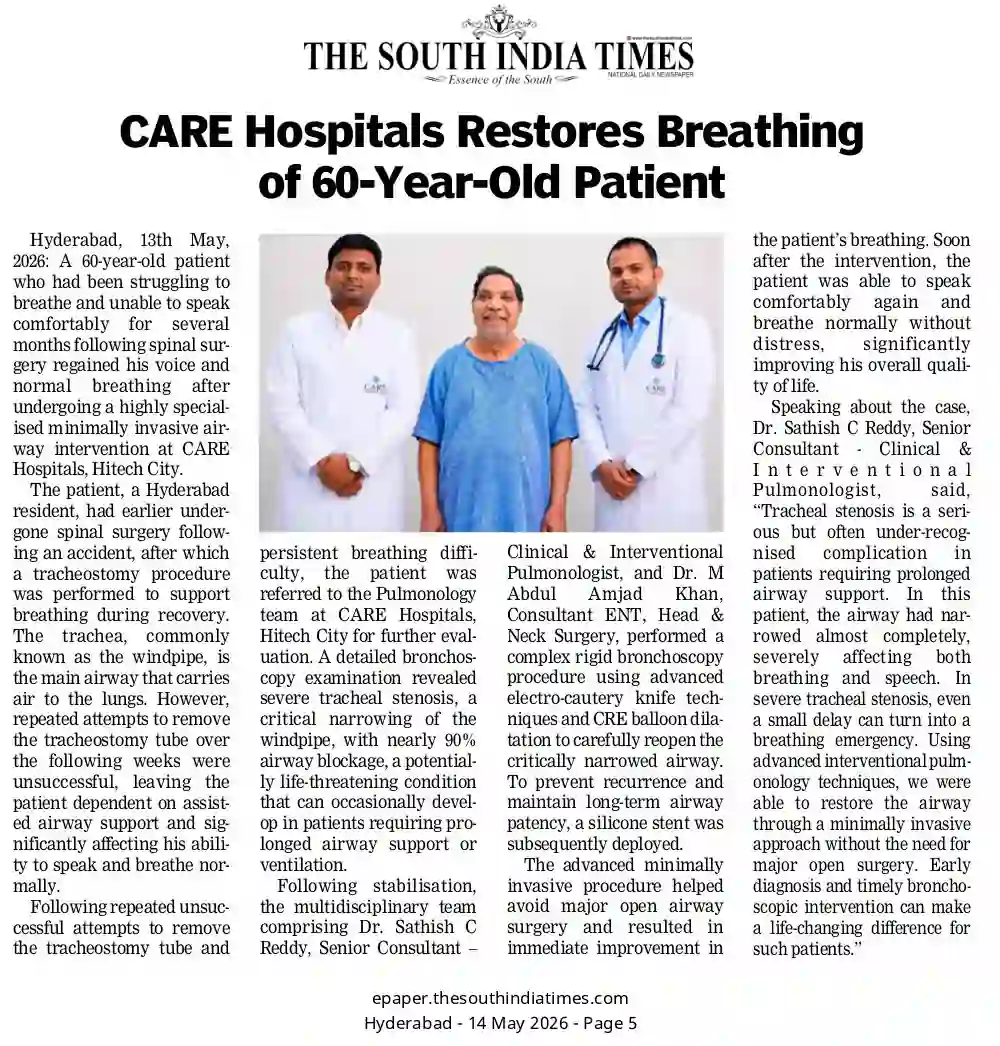 CARE Hospitals Restores Breathing for 60-Year-Old Patient News Coverage in The South India Times