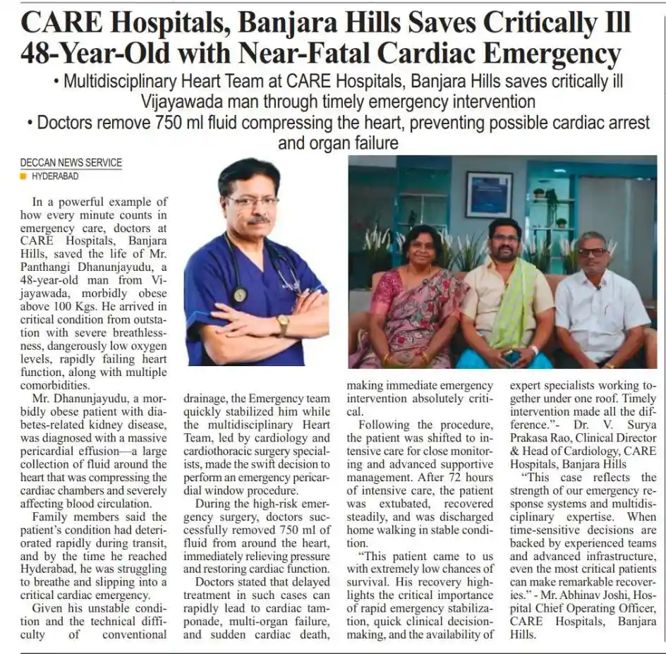 CARE Hospitals Saves Critically Ill 48-Year-Old with Near-Fatal Cardiac Emergency News Coverage in Deccan Vision
