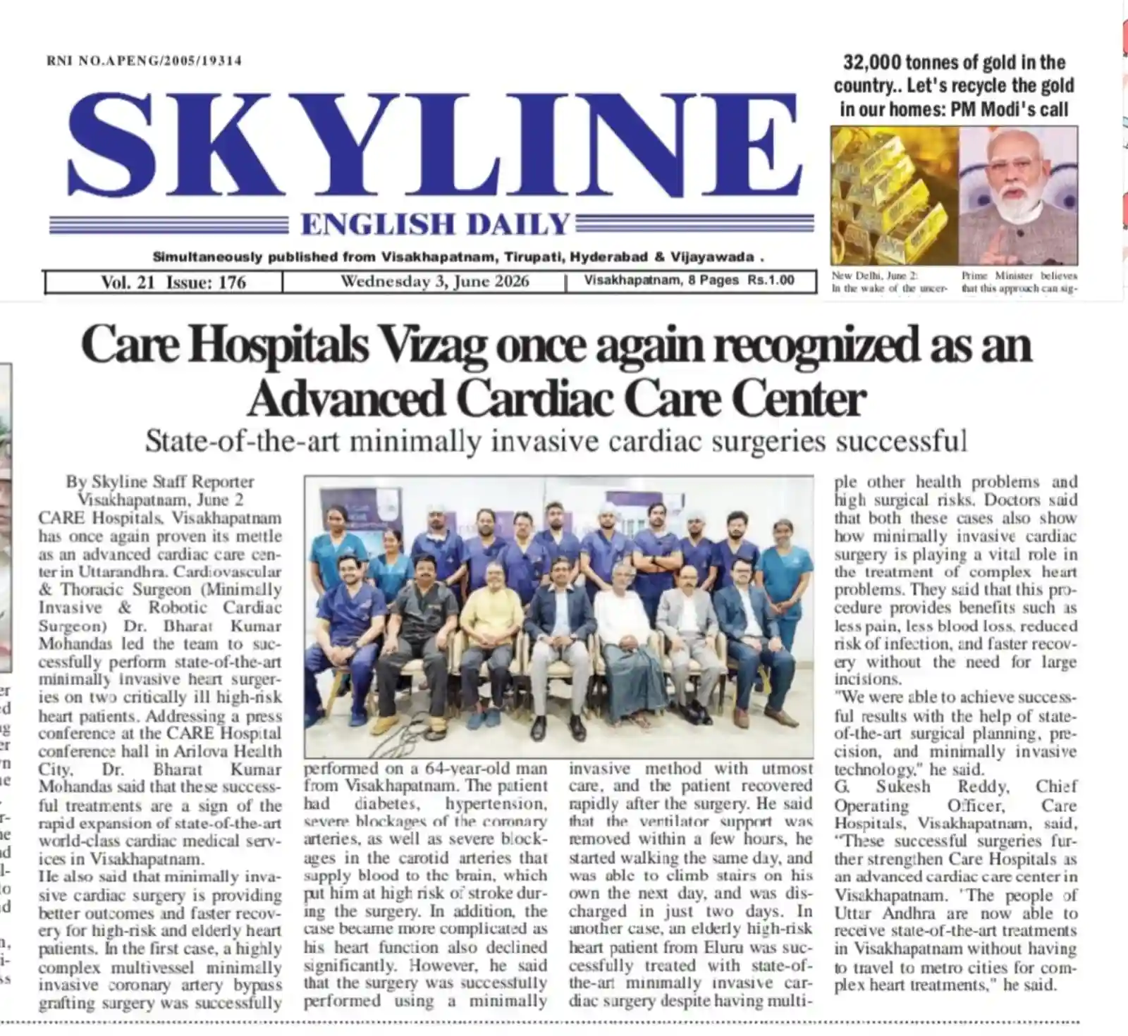 CARE Hospitals Vizag Once Again Recognized as an Advanced Cardiac Centre News Coverage in Skyline