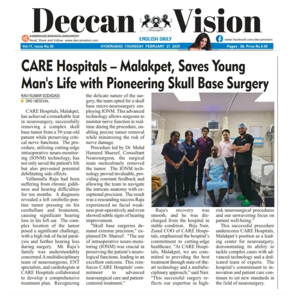 CARE Hospitals Malakpet Saves Young Man’s Life with Pioneering Skull Base Surgery News Coverage in Deccan Vision 