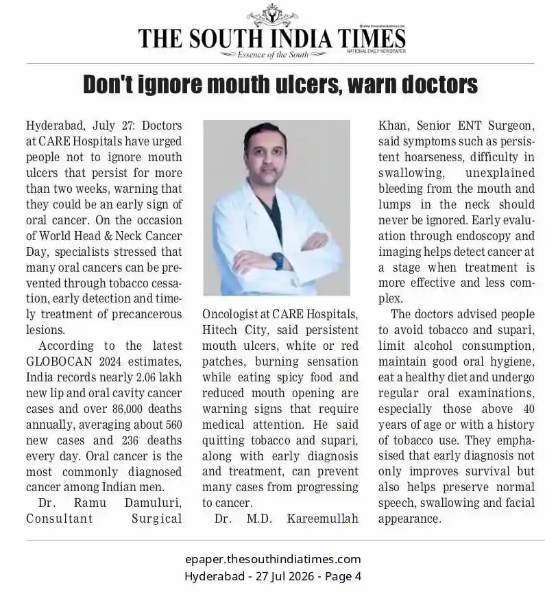 Don’t Ignore Mouth Ulcers Warn Doctors News Coverage in The South India Times
