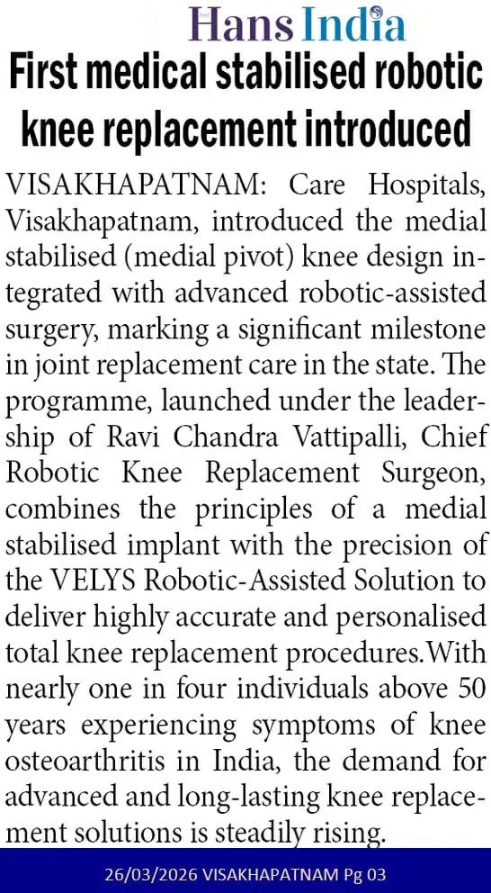 First Medical Stabilised Robotic Knee Replacement Introduced News Coverage in Hans India