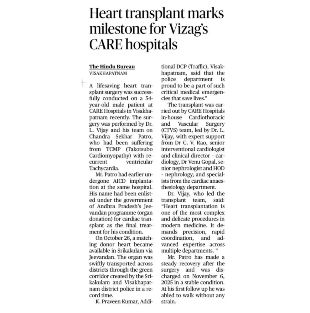 Heart Transplant Marks Milestone for Vizag’s CARE hospitals News Coverage in The Hindu