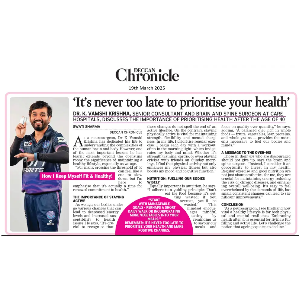 Prioritize Your Health by Dr K Vamshi Krishna Sr Consultant and Brain spine Surgeon CARE Hospitals Hitech City in Deccan Chronicle 