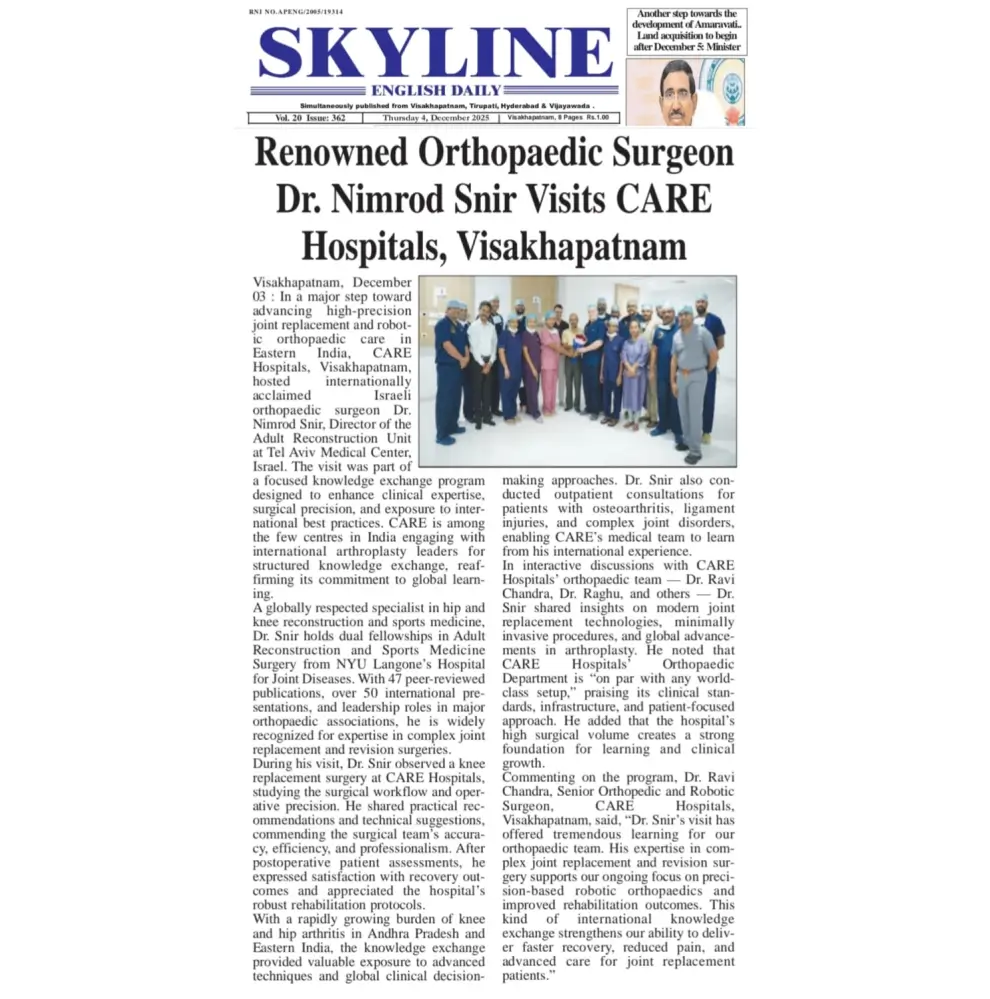 Renowned Orthopaedic Surgeon Dr. Nimrod Snir Visits CARE Hospitals, Visakhapatnam, News Coverage in Skyline