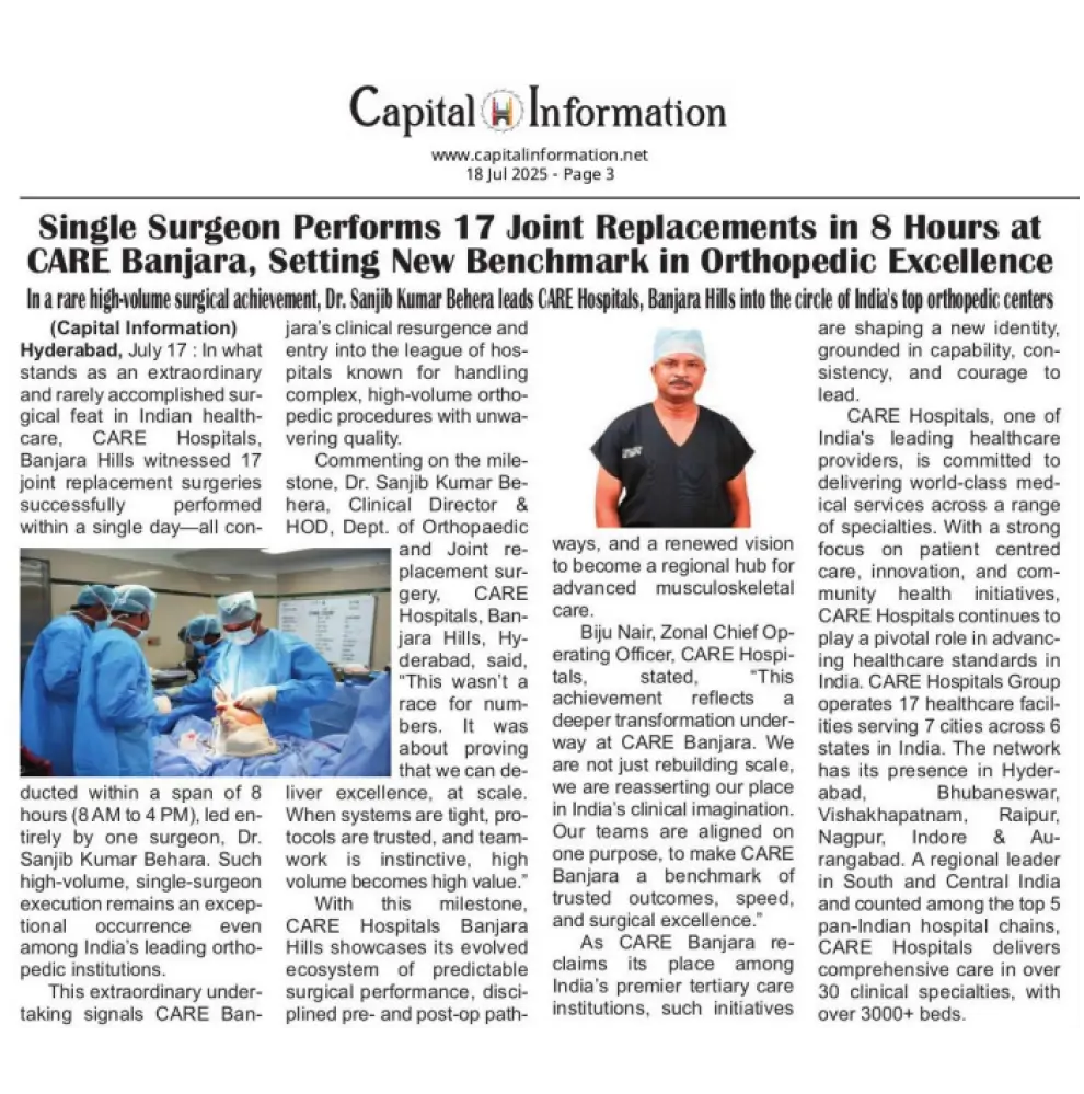 Single Surgeon Performs 17 Joint Replacements in 8 Hours in CARE Banjara News Coverage in Capital Information 