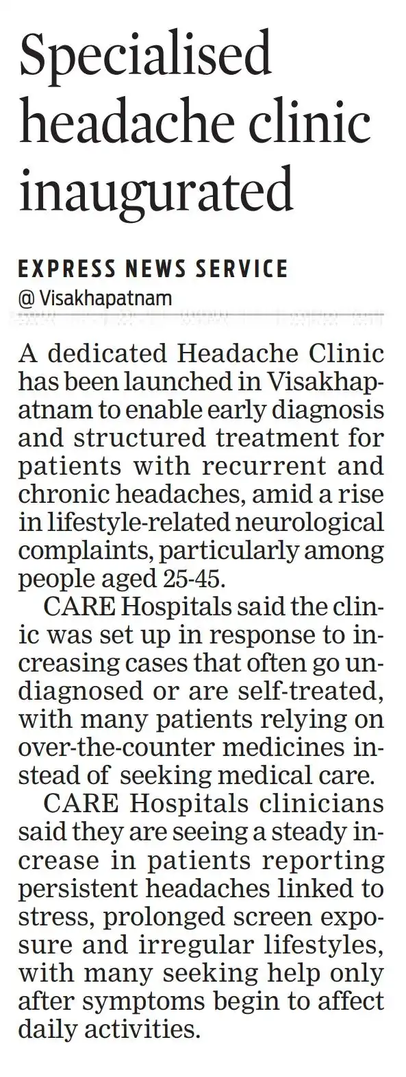 Specialised Headache Clinic Inaugurated News Coverage in Express News Service 