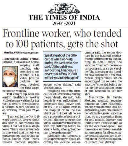 Vaccination drive held at CARE Hospitals Banjra Hills News Coverage in Times of India