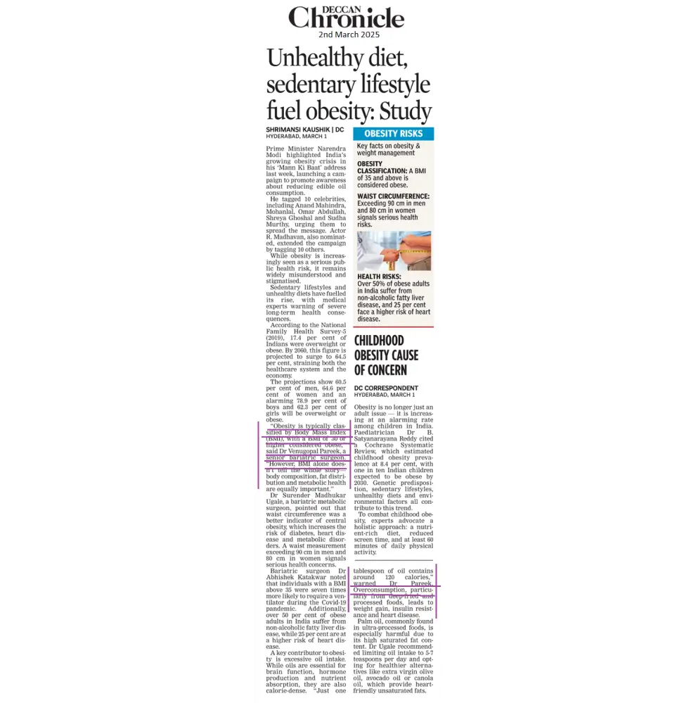 Unhealthy Diet Sedentry Life Style Fuel Obesity News Quote by Dr Venugopal Pareekh Consultant Bariatric Surgeon CARE Hospitals in Deccan Chronicle 